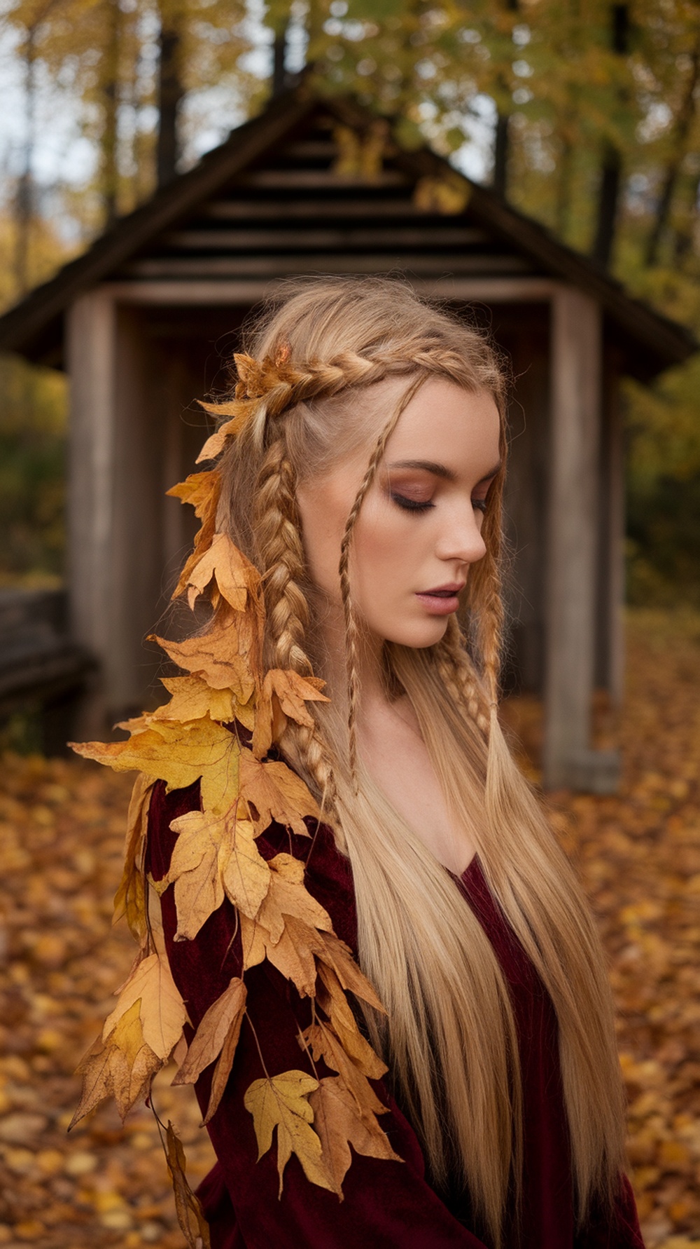 A model with blonde hair styled in boho braids, adorned with autumn leaves, set against a backdrop of fall foliage.
