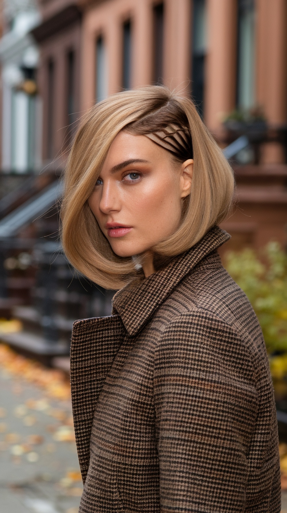 Model with a chic bob hairstyle and side part, wearing a brown checkered coat.