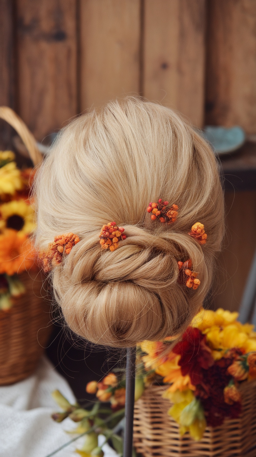 A classic French twist hairstyle adorned with fall floral accents in warm colors.