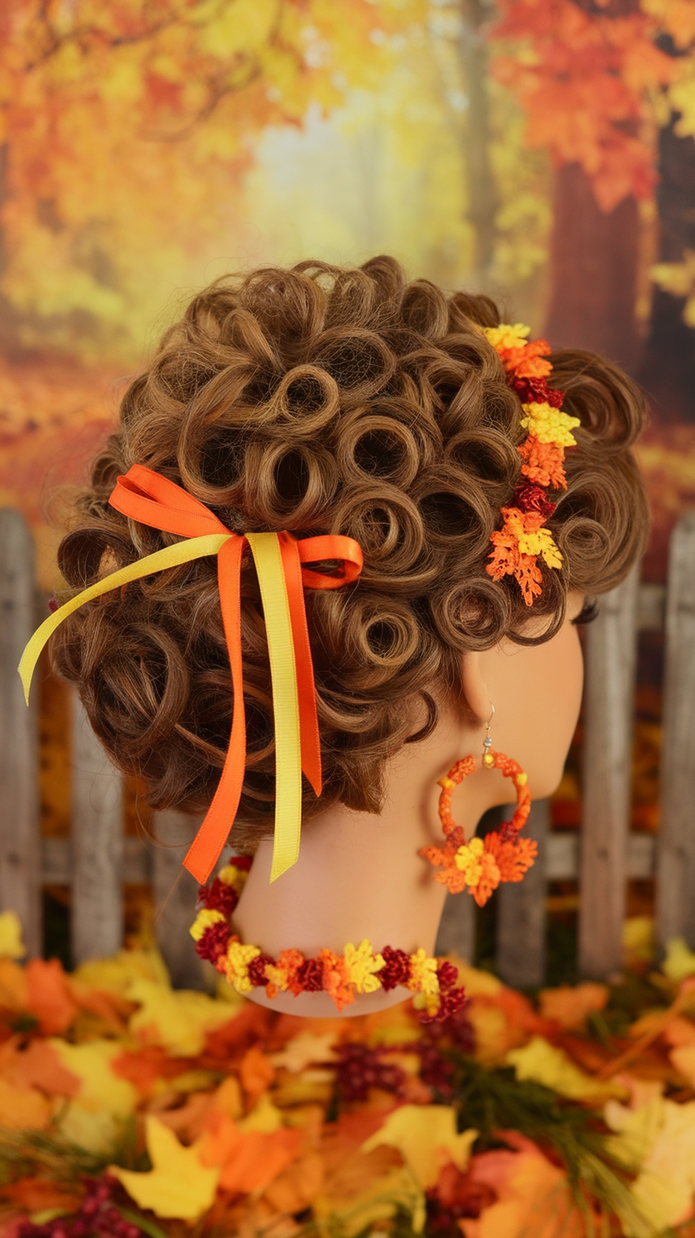 A curly updo hairstyle adorned with orange and yellow ribbons and floral accessories, set against a backdrop of autumn leaves.