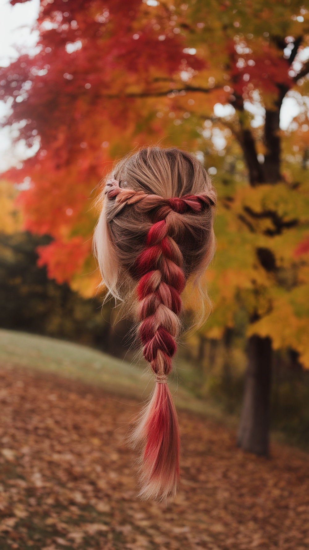 A fishtail braid with berry tones set against a backdrop of colorful autumn leaves.