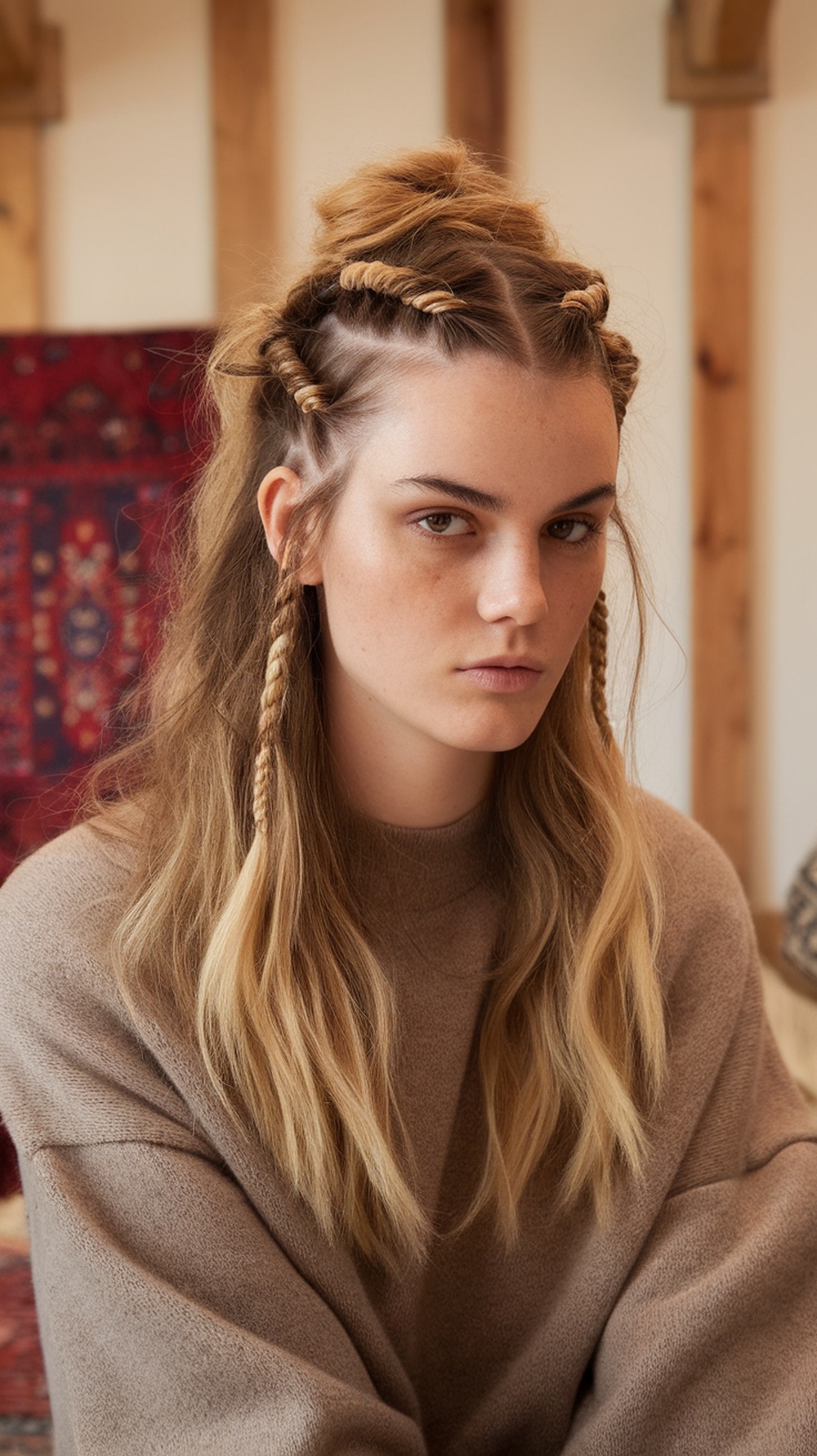 Model with half-up half-down hairstyle featuring twists