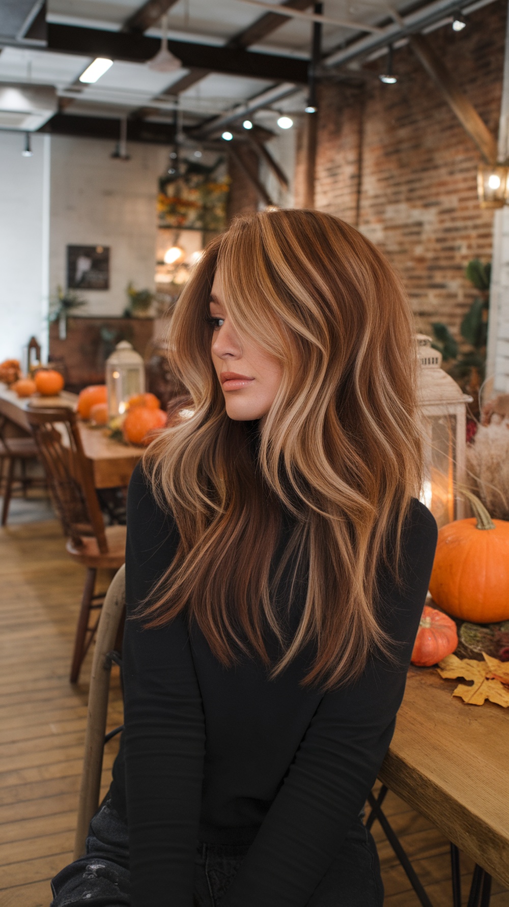 A woman with layered waves and cinnamon highlights, sitting in a cozy, autumn-themed setting.