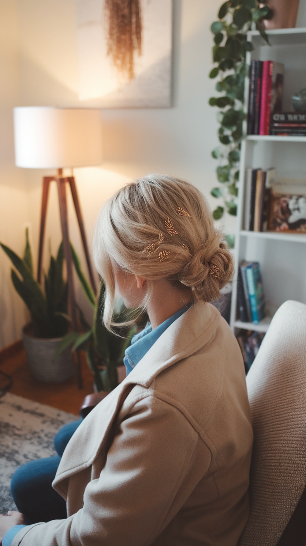 A woman with a low messy bun decorated with leaf pins, sitting in a cozy indoor setting.