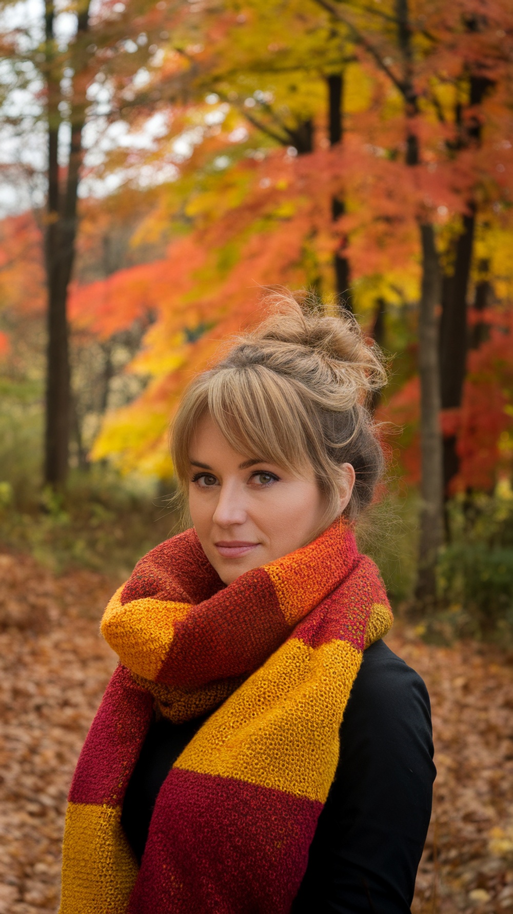 A woman with a messy bun hairstyle wearing a colorful scarf, surrounded by autumn foliage.