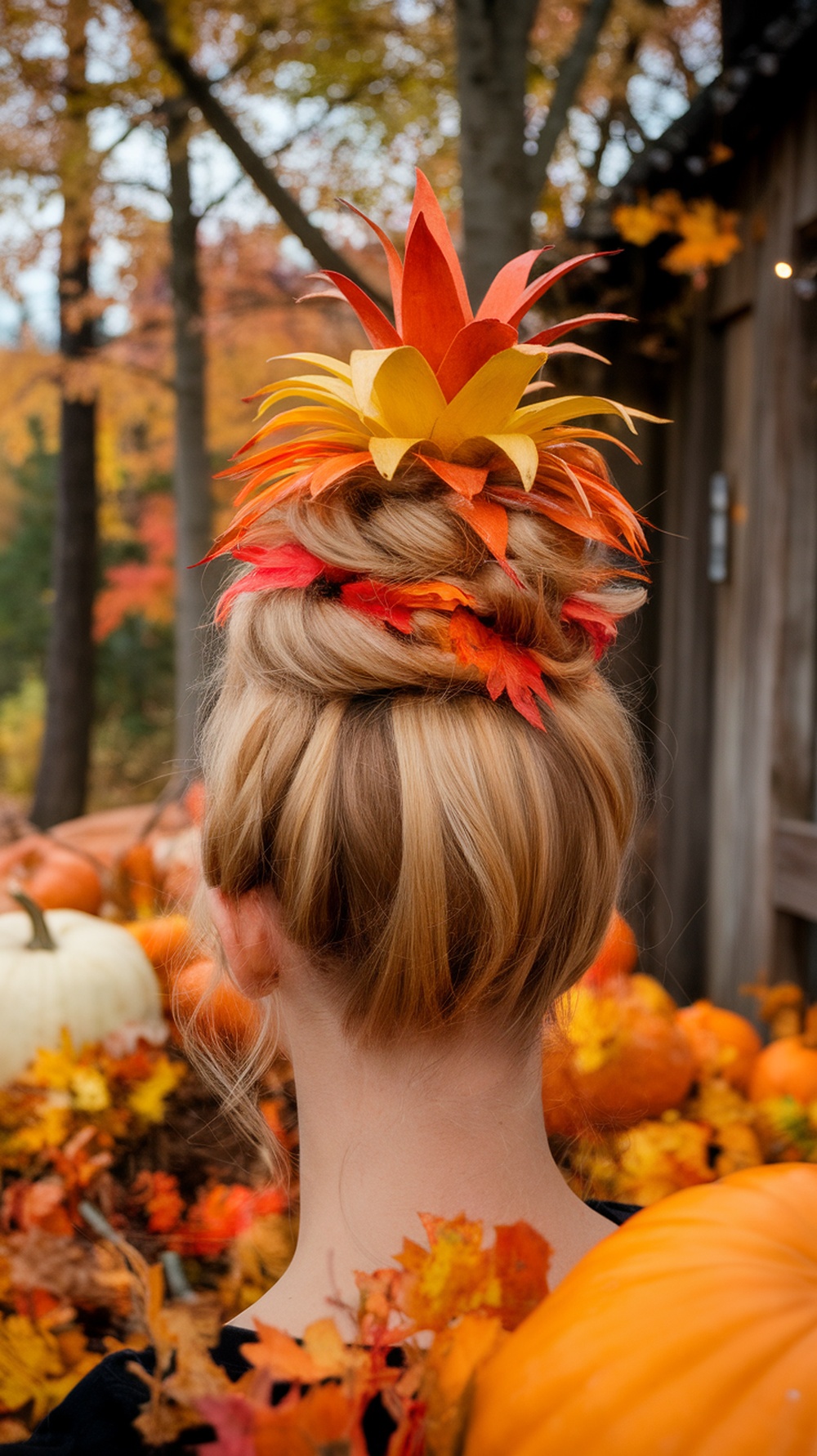 A pineapple updo hairstyle decorated with autumn leaves, set against a backdrop of pumpkins and fall foliage.