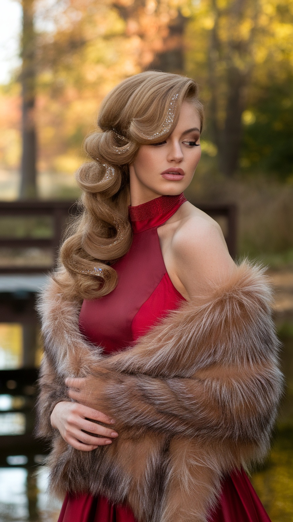 A woman with side-swept curls adorned with glitter, wearing a red dress and a fur shawl, set against a fall background.