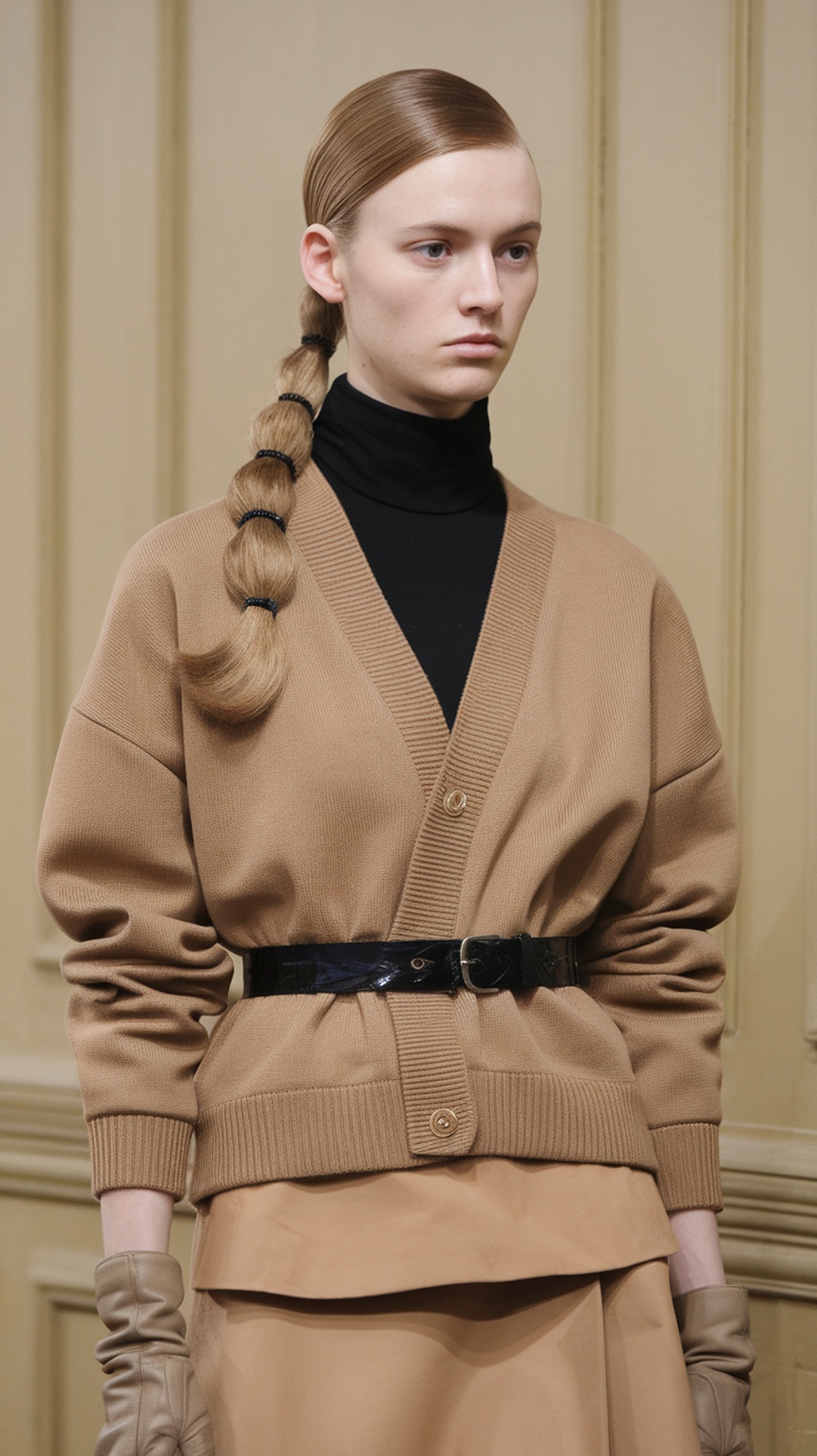 Model with a sleek low ponytail and hair wrap, wearing a beige cardigan and black turtleneck.