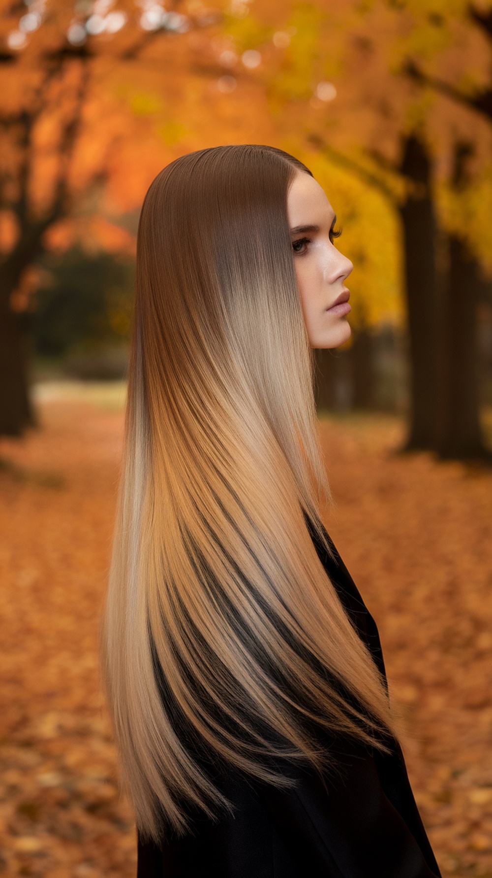 A woman with sleek straight hair styled in an ombre effect, standing in a fall setting with colorful leaves.
