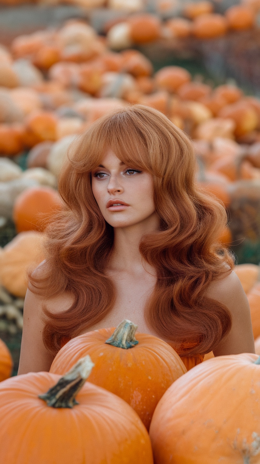 Model with soft waves and pumpkin spice hair color surrounded by pumpkins