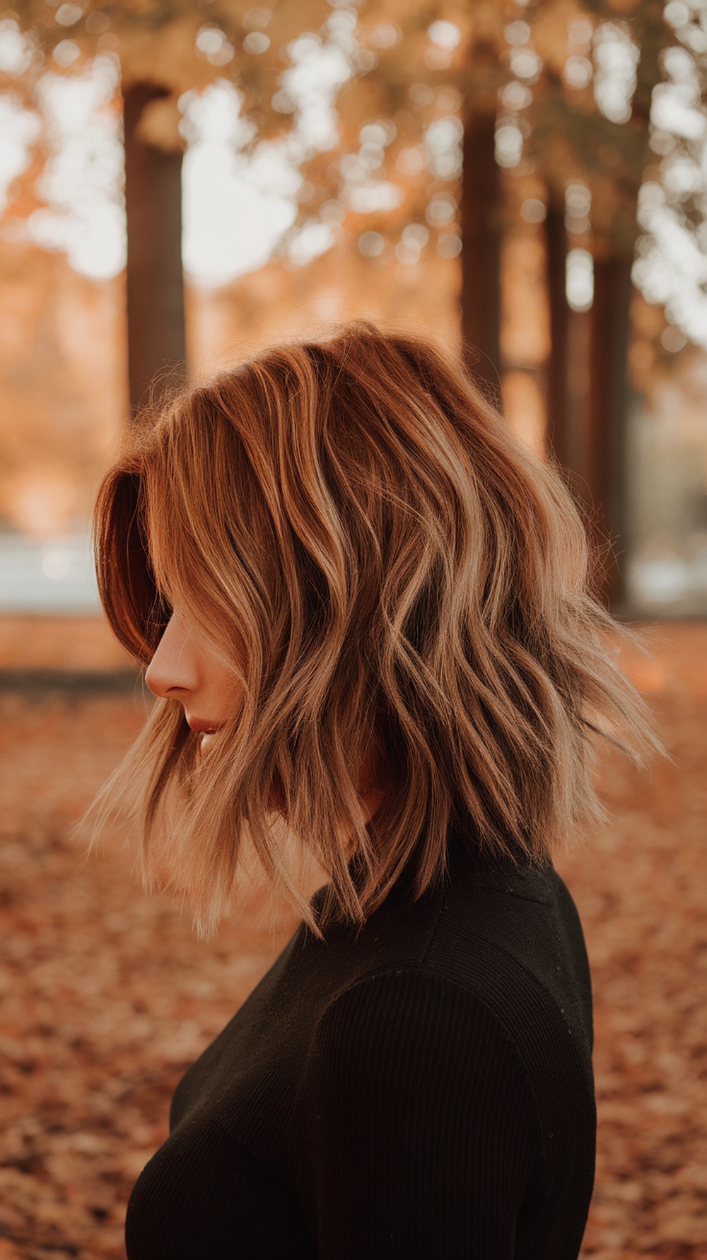 A woman with a textured lob hairstyle featuring caramel highlights, standing in an autumn setting.