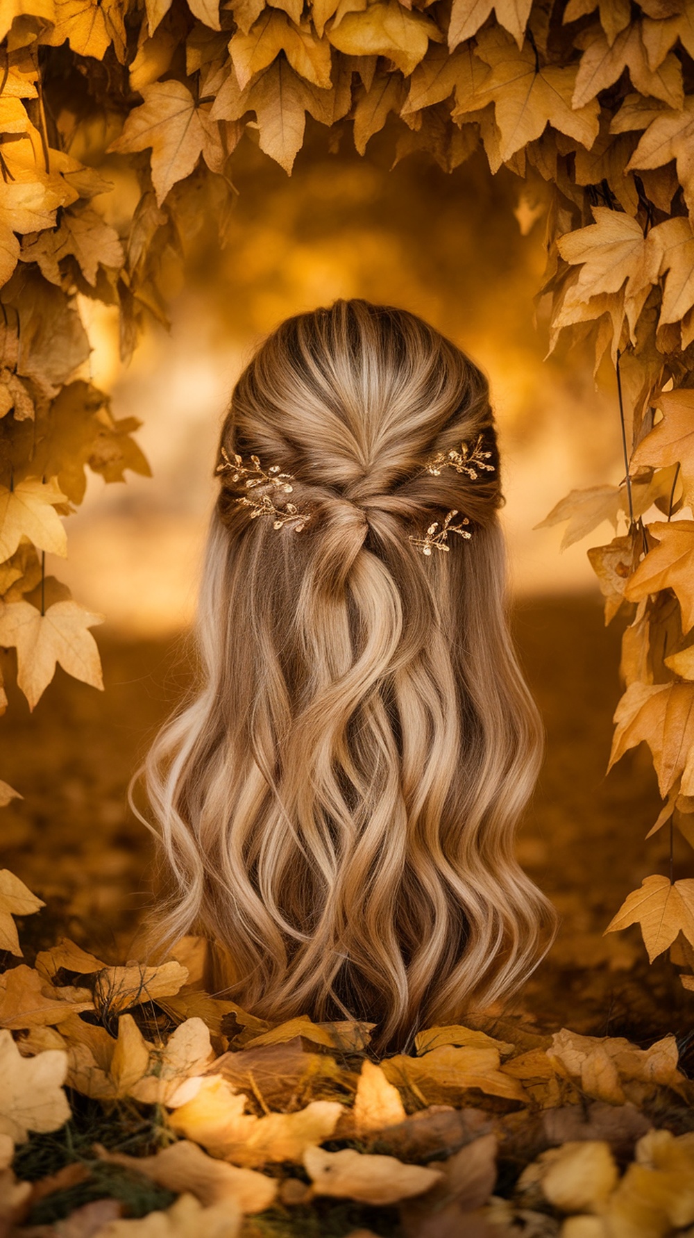 A woman with long, wavy hair styled in a twisted half-up hairstyle, adorned with gold hairpins, surrounded by autumn leaves.