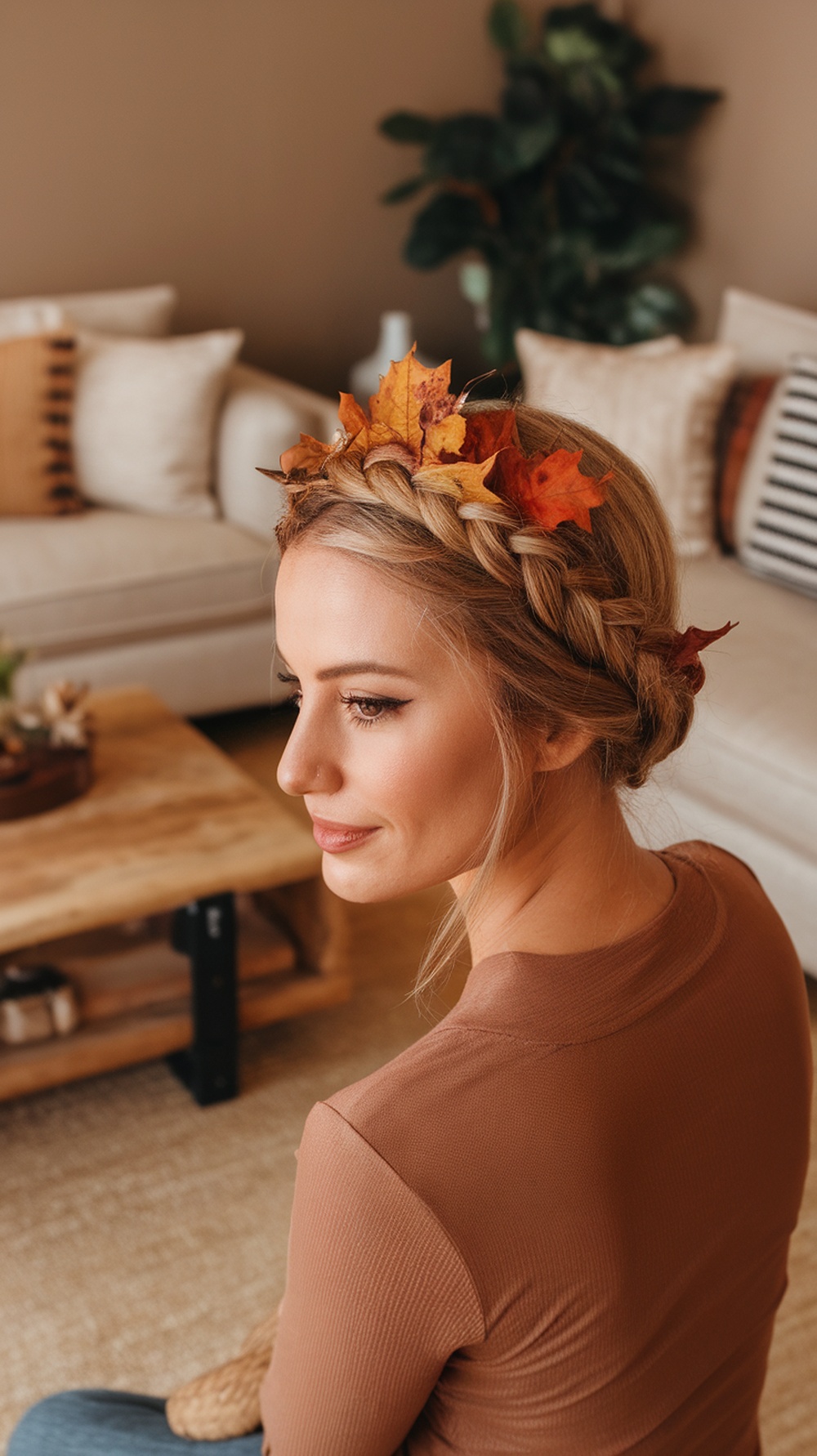 A woman with a braided crown hairstyle adorned with autumn leaves, sitting in a cozy living room.